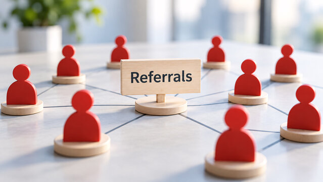 Referral marketing concept with wooden red people figures connected by network lines around central referrals text block on white table surface, illustrating affiliate program and business growth.