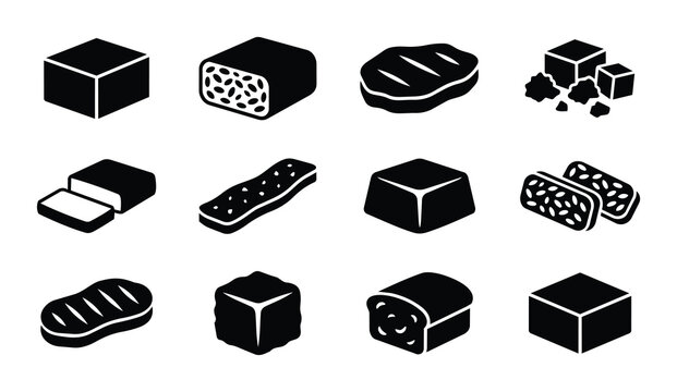 Black and White Food Icons Set: Bread, Meat, Cubes, and Slices Vector Graphics for Culinary Design and Menus