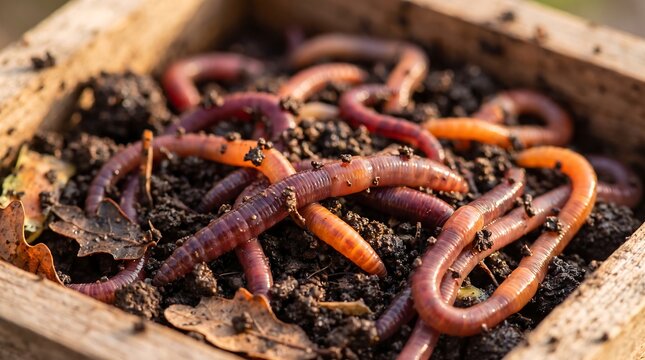 Healthy red composting worms squirming through rich dark soil inside a rustic wooden bin are converting organic kitchen scraps into premium fertilizer.