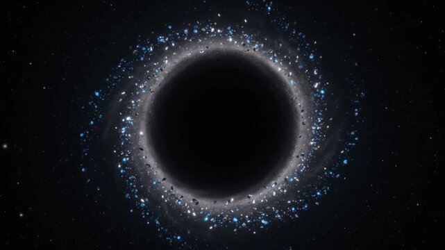 Massive black hole rotating in deep space with swirling blue cosmic debris animation showing intense gravitational pull and galactic motion