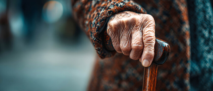 An elderly woman stands outdoors holding a cane, her hand detailed and aged. The background is blurred, focusing on her grip and the texture of her skin