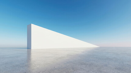 Fototapeta premium Minimalist white abstract architectural structure with a sharp diagonal slope under a bright blue sky on a concrete ground