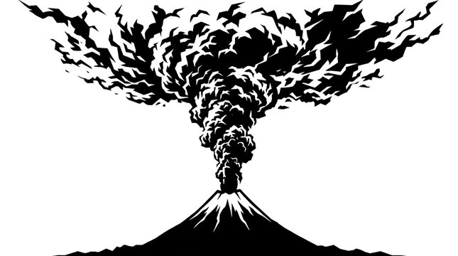 Erupting volcano with massive smoke plume vector illustration.