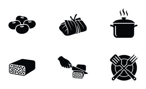 Food Preparation Icons: Fresh Ingredients, Cooking Pot, Tamale, Slicing, and Serving Utensils, Vector Set for Culinary Graphics