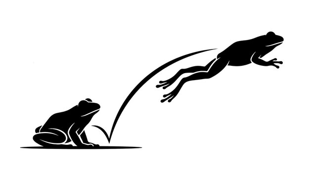 Frogs jumping and sitting silhouette graphics set.