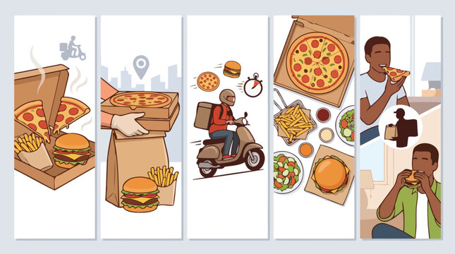 Fast food delivery service banners, courier on scooter with pizza and burgers, people eating takeout meals, flat vector illustration set