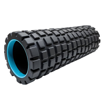 Black foam roller for muscle massage and fitness isolated on transparent background.
