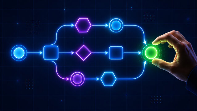 Hand activating glowing neon workflow diagram and process automation flowchart node on dark digital background representing business system optimization data processing logic and technology integratio