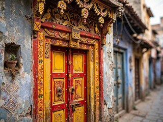 Obraz premium Colorful Traditional Pol House Door in Old Ahmedabad, Gujarat