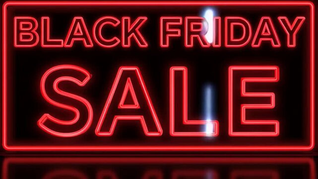 Black Friday neon sign with glowing red sale text and reflection, perfect for shopping promotions, special offers, and discount advertising.