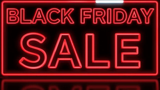 Black Friday neon sign with glowing red sale text and reflection, perfect for shopping promotions, special offers, and discount advertising.