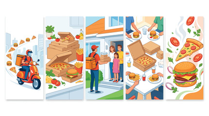 Fototapeta premium Fast food delivery service banners, courier riding scooter with pizza and burger, people eating takeout meals, flat vector illustration set