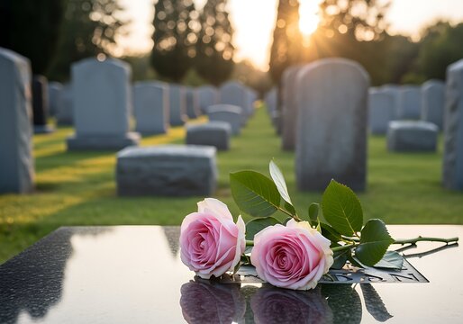 Pink Roses Lie on a Granite Tombstone in a Peaceful Cemetery at Sunset