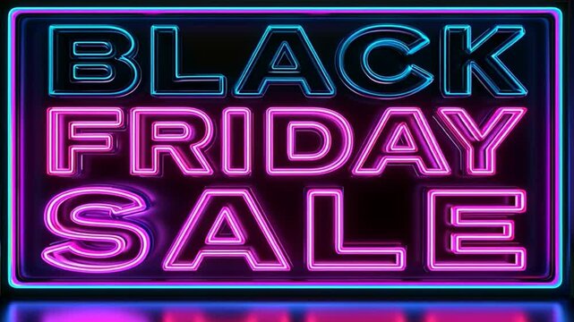 Animated Black Friday neon sign glowing in vibrant pink and blue against a dark black background.