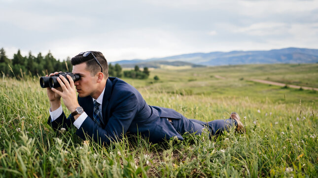 Businessman Observing Through Binoculars in a Grass Field