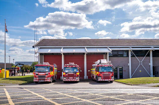 Corby, United Kingdom - August, 08, 2025: Emergency Fire trucks parking outside a fire station