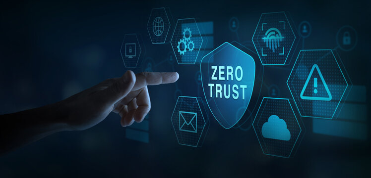 Zero trust cybersecurity concept. Touchscreen with icons zero trust security, cloud protection, data protection, fingerprint authorization.