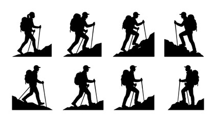 Fototapeta premium Black hiker silhouettes on rocks with poles, hiking and climbing