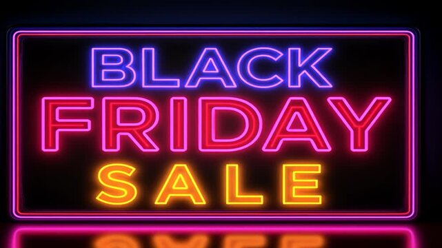 Animated Black Friday neon sign glowing in vibrant pink and blue against a dark black background.