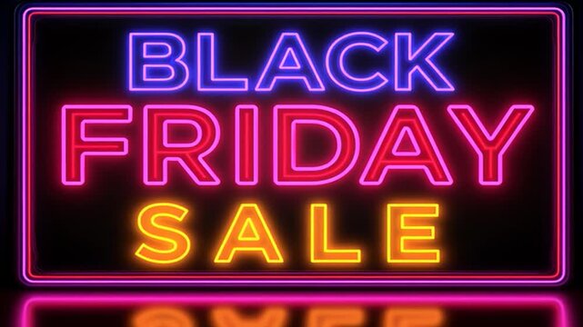 Animated Black Friday neon sign glowing in vibrant pink and blue against a dark black background.