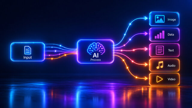 Artificial Intelligence Data Processing Diagram AI Input to Multimodal Output Concept Showing Image Data Text Audio Video Generation Machine Learning Technology