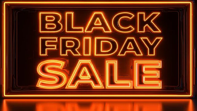 Animated Black Friday neon sign glowing with vibrant golden lights against a dark black background.