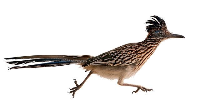 Greater roadrunner bird with long tail and crest feathers running in profile