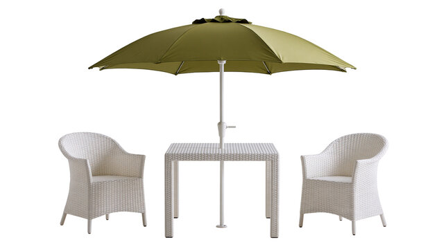 Olive green patio umbrella with white wicker table and two matching armchairs