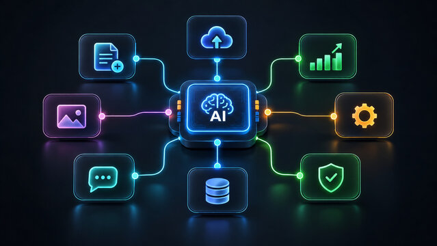 Artificial Intelligence Automated Workflow Flowchart System AI Brain Center Connecting Data Nodes Cloud Security Analytics Database Processing Pipeline Digital Technology Blue Circuit Banner