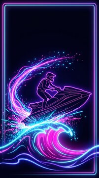 Neon jet ski rider jumping over wave illustration