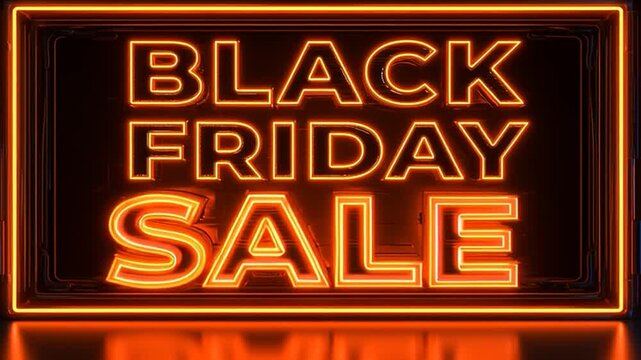 Animated Black Friday neon sign glowing with vibrant golden lights against a dark black background.