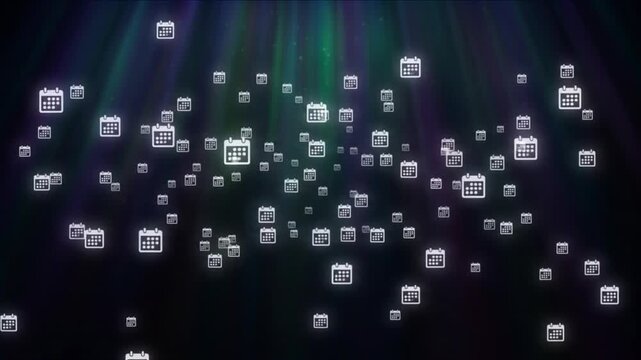 漆黒の宇宙空間にカレンダーのアイコンとオーロラ状の光が舞う抽象背景