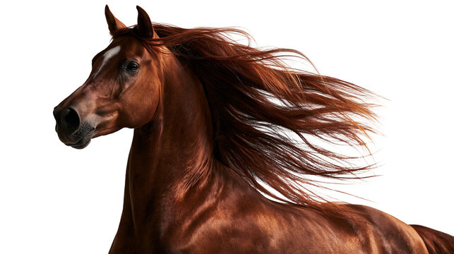 Chestnut horse with long flowing mane and white blaze on forehead