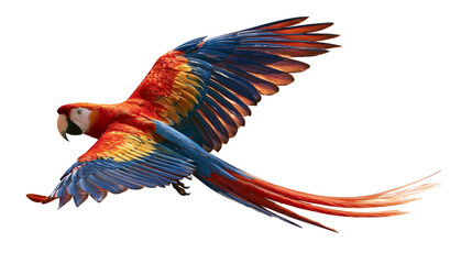 Scarlet macaw parrot with vibrant red yellow and blue feathers in flight © Motruc