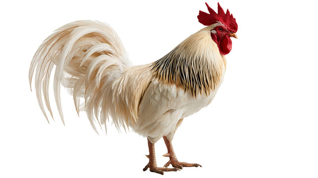 Cream colored rooster with bright red comb and wattles standing in profile
