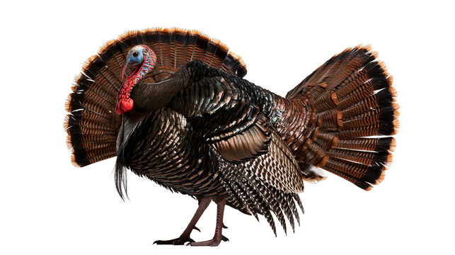 Male wild turkey with fanned tail feathers and red wattle