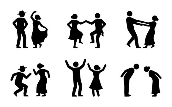 Black dancing couples and people silhouettes, joyful celebration