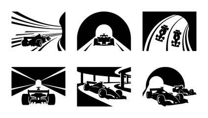 Fototapeta premium Black and white formula 1 race cars in tunnels and on track, graphic