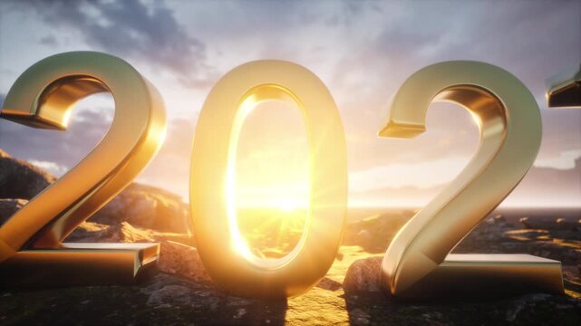 Future outlook 2027, low angle view of 3D gold 2027 text on ground at dawn sun set. 3d animation.