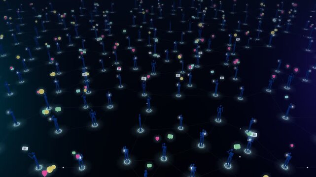 Connected digital society network with glowing people icons and social media symbols on dark background