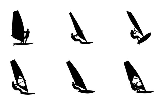 Black windsurfing silhouettes set, dynamic action sports graphics for