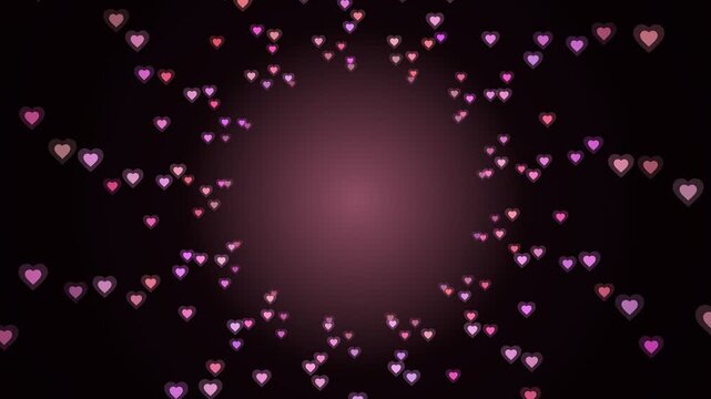 Animated pink heart icons floating on dark background with glowing center and bokeh style