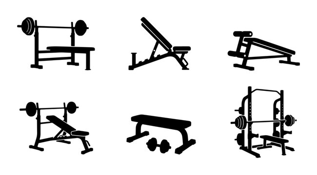 Black weight benches and racks set, gym equipment icons, fitness and