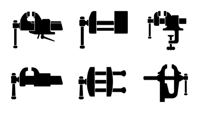 Black bench vises set, clamp and screw mechanisms, industrial tool