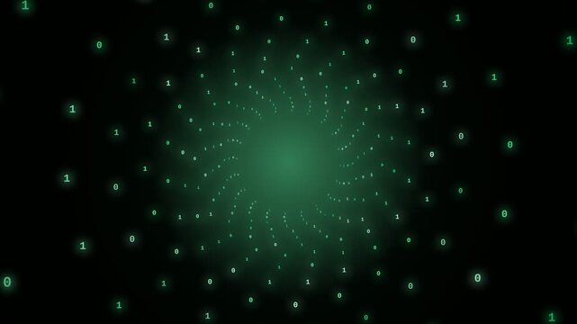 Binary digits swirling through dark digital tunnel with green glow motion graphics