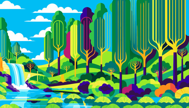 vector, design, panoramic, wide, widescreen, summer, sunny, warm season, bright, forest, forest thicket, grove, landscape, view, environment, natural, nature, organic, outdoors, verdant, lush, green