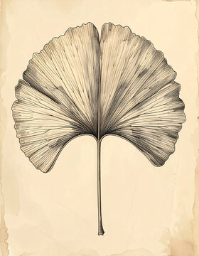 Ginkgo biloba leaf botanical engraving with symmetrical scientific detail