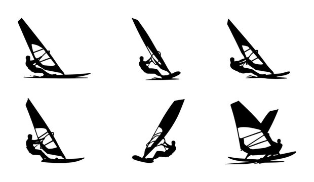 Black silhouette windsurfers set on white background, sports and