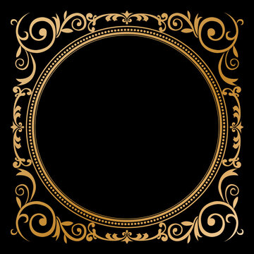 Luxury Golden Vintage Ornate Circular Frame Isolated Design on Black Background. Design print for Greeting, Invitation, Book Cover, and Wall Mirror. 31