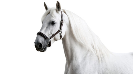 Majestic white horse head portrait with brown leather bridle and flowing mane © Motruc